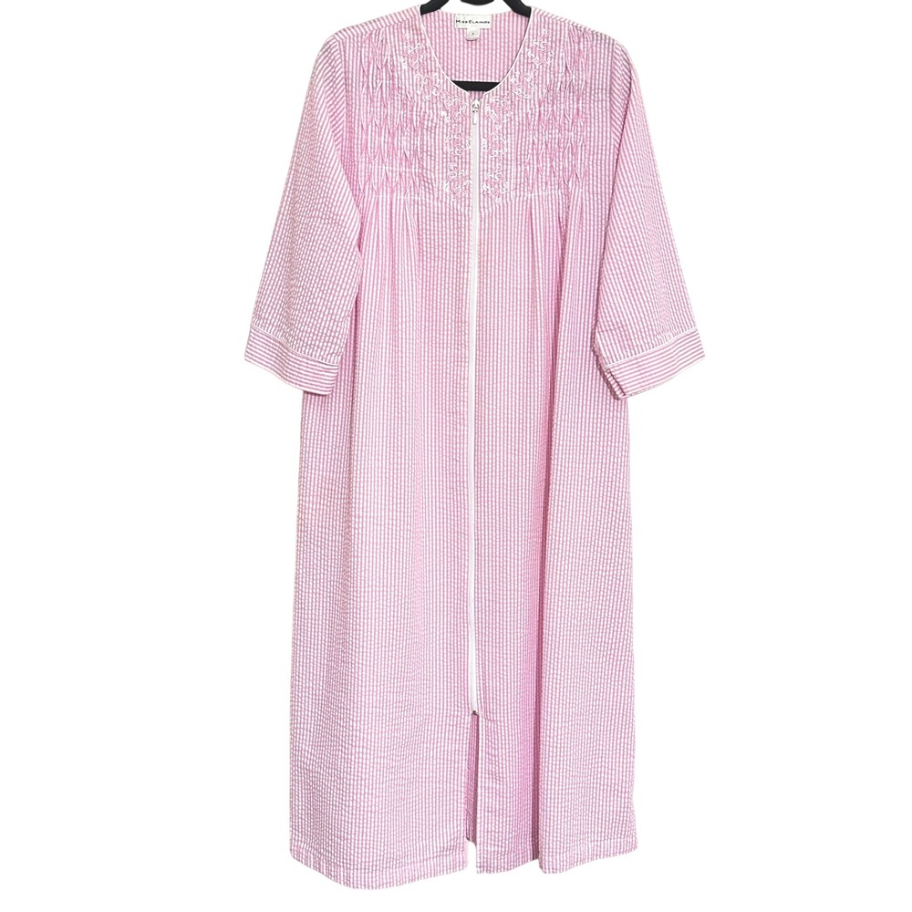 Miss Elaine Womens Robe S Pink Seersucker Zip Up Housecoat Embroidered Lounge